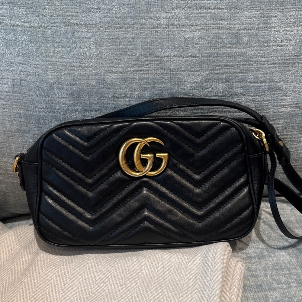 Gucci Black Chevron Crossbody Bag with Gold Logo